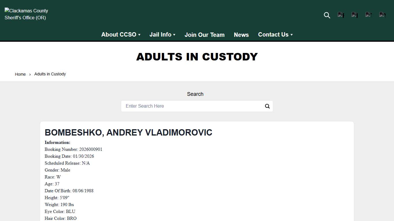 Adults in Custody Clackamas County Sheriff’s Office (OR)