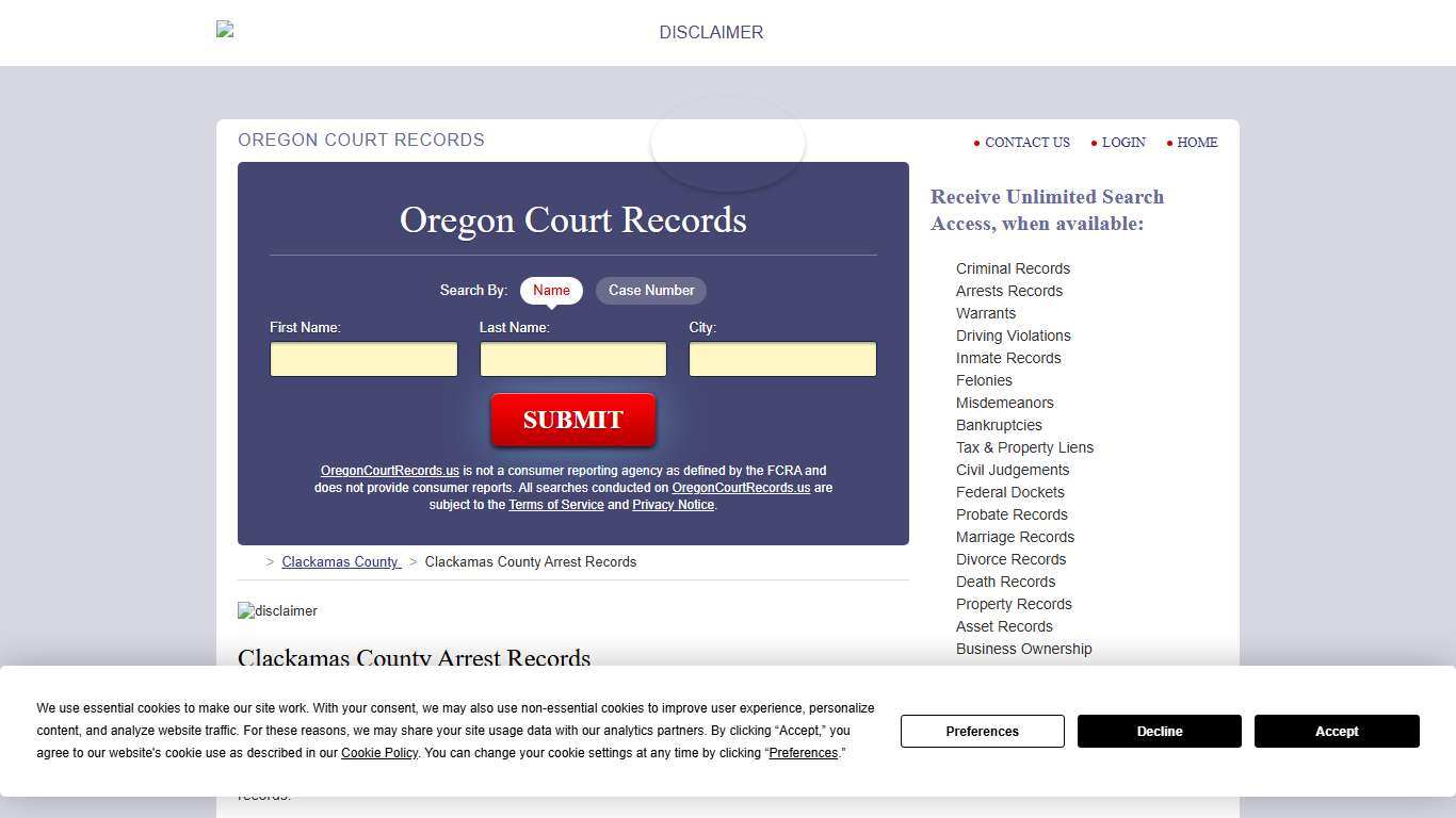 Clackamas County Arrest Records OregonCourtRecords.us