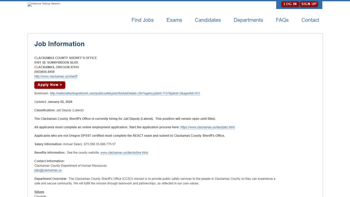 CLACKAMAS COUNTY SHERIFF'S OFFICE Job Details National Testing Network